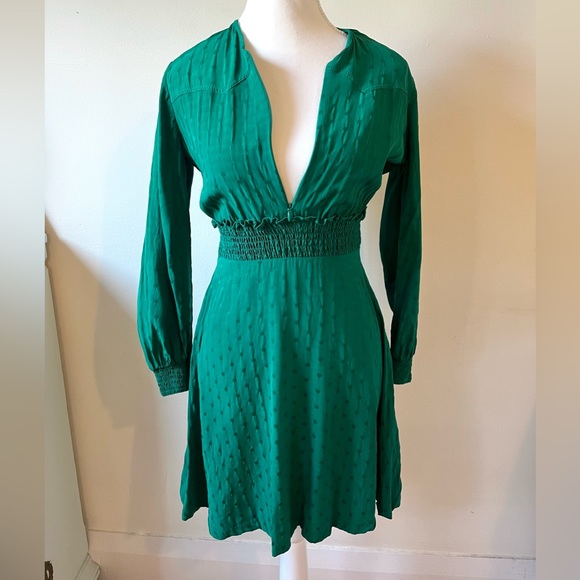 Sandro Green Satin Long Sleeve Mini Dress with Zipper Collar, Size Small - Picture 3 of 12